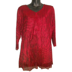 CJ Banks Women's X 14W Red Shimmer Texture 3/4 Sleeve V-neck Blouse